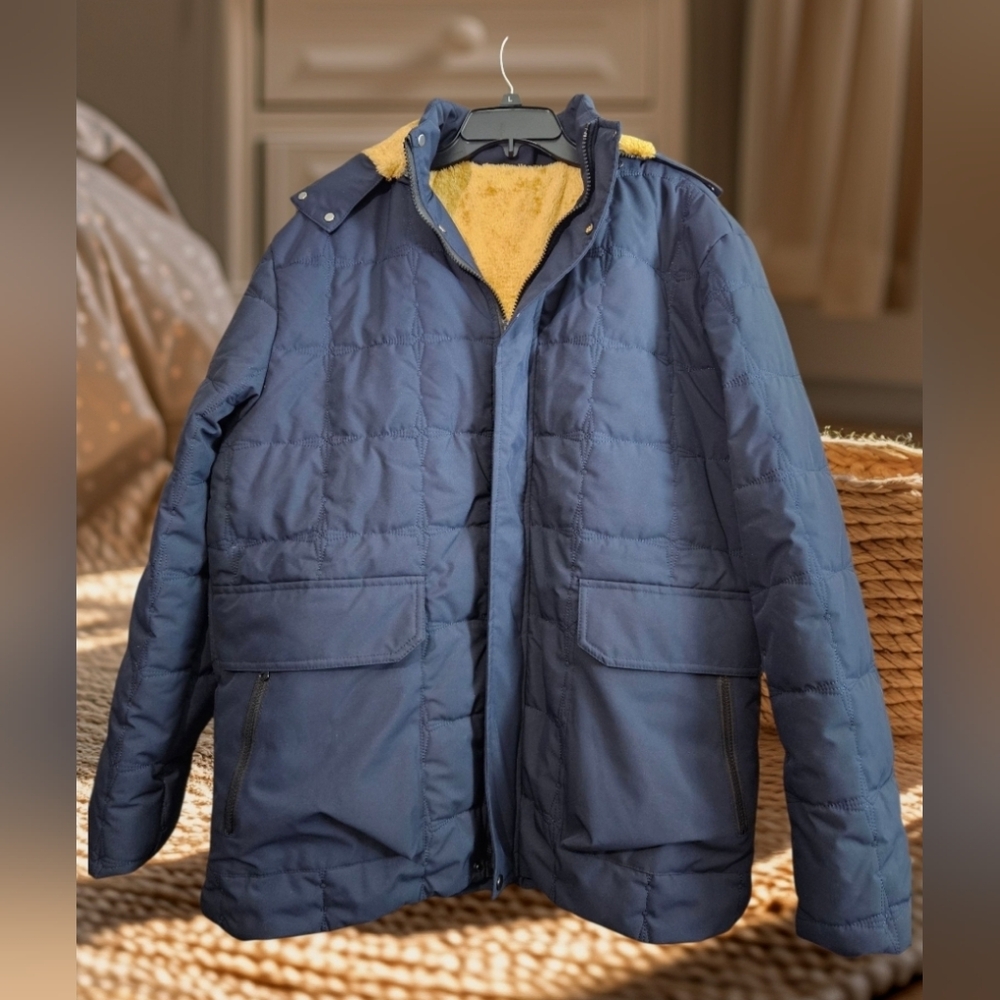 Men's Navy Parka Quilted Puffer Box Coat Removable Hood Fleece Faux Fur Hood XL